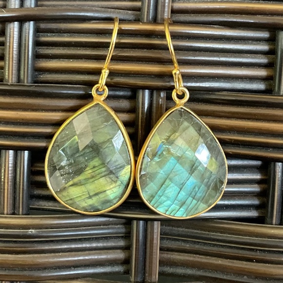 Natural Labradorite Gemstone & Gold Dangle Earrings - Picture 1 of 3